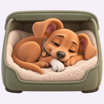 Puppy resting inside a crate at bedtime.